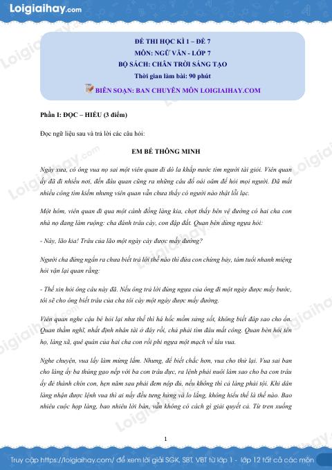 Đề thi học kì 1 Văn 7 Chân trời sáng tạo - Đề số 7